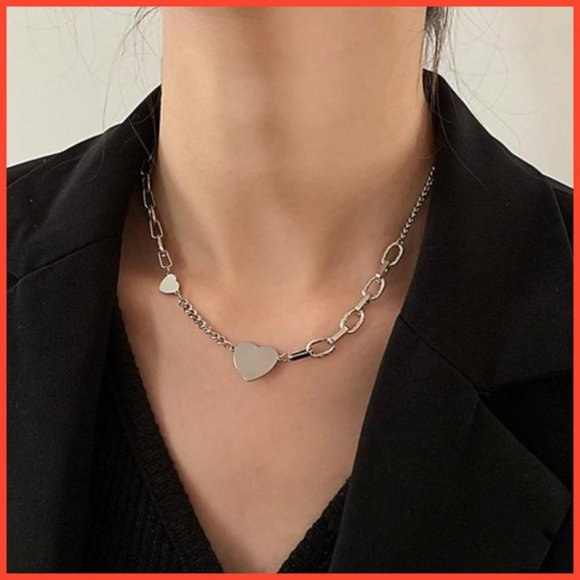 Silver Paper Clip and Cuban Multi Link Clavicle Length Necklace with 2 Hearts - Picture 6 of 7